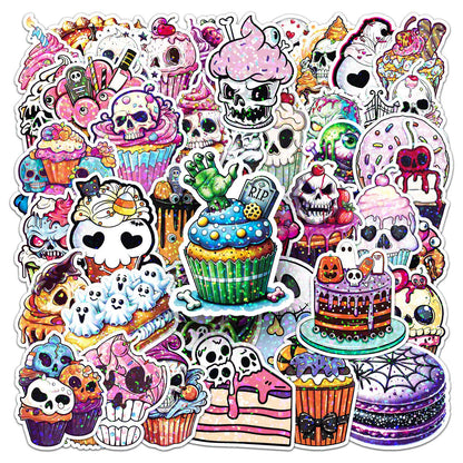 🎃 50 Pcs Halloween Holographic Stickers – Skulls, Cakes & DIY Fun Kawaii Stickers