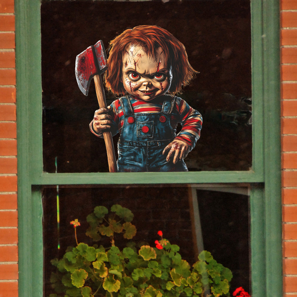 🎃 Halloween Horror Little Demon with Axe Static Window Stickers – No Glue 🕷️ Kawaii Stickers