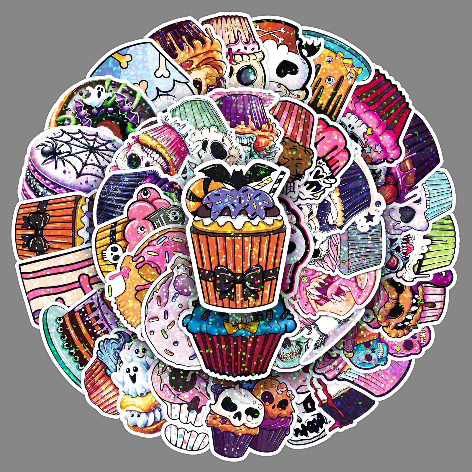 🎃 50 Pcs Halloween Holographic Stickers – Skull, Cake & DIY Designs Kawaii Stickers