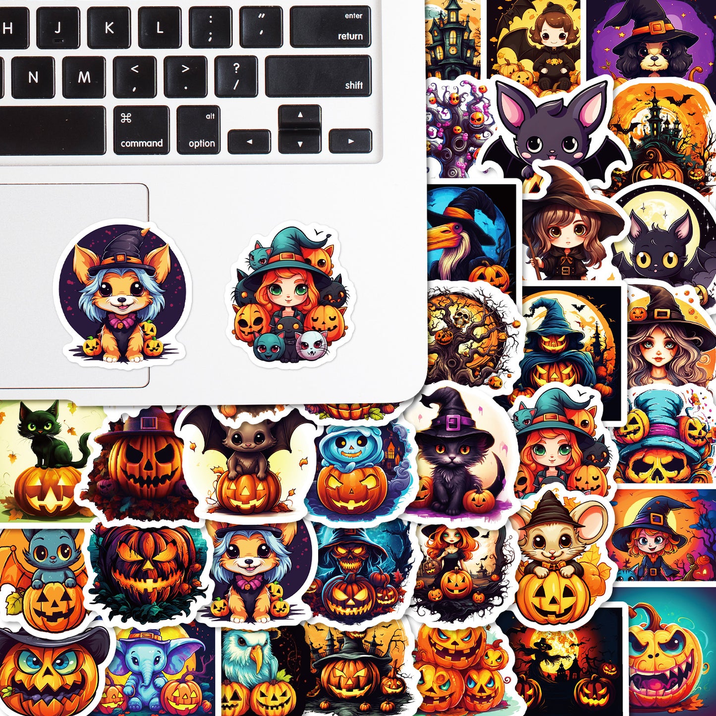 50pcs Halloween Pumpkin & Witch Stickers – Spooky Skull, Black Cat & Horror Doodle Decals Kawaii Stickers