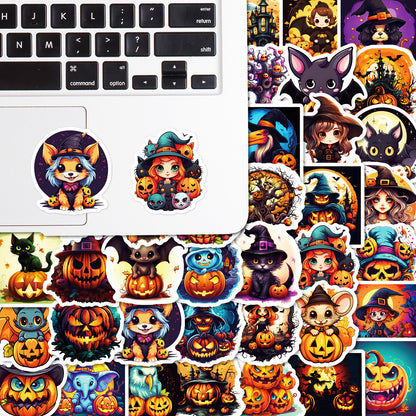 50pcs Halloween Pumpkin & Witch Stickers – Spooky Skull, Black Cat & Horror Doodle Decals Kawaii Stickers