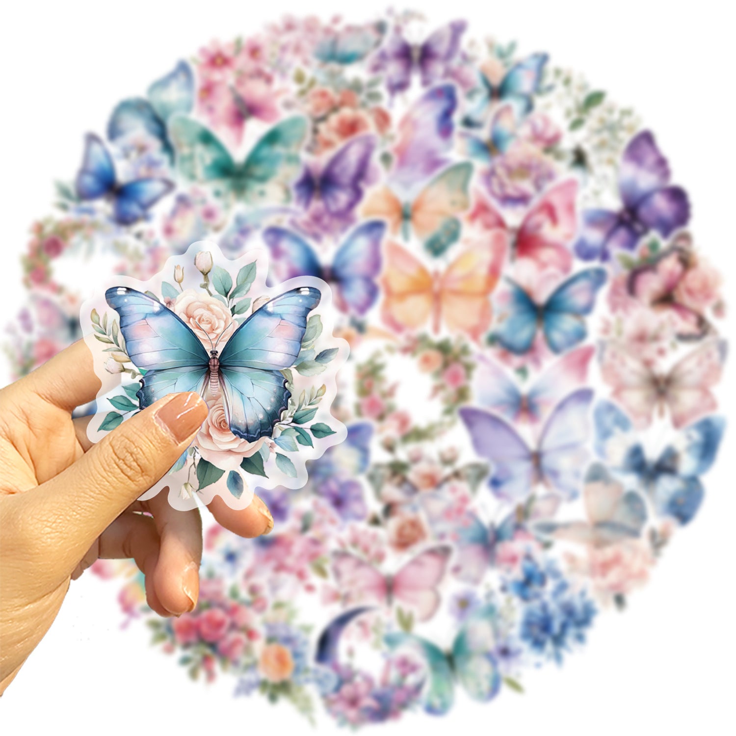 50pcs Colorful Butterfly & Flower Stickers 🦋🌸 Waterproof Transparent PET | Planner - Water Bottle -Guitar Decals Kawaii Stickers