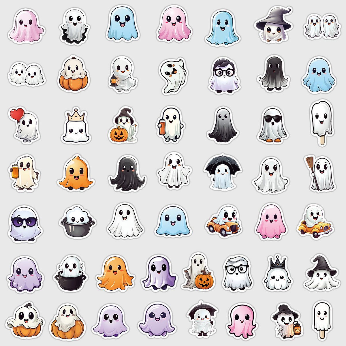 🎃 50pcs Cute Halloween Stickers – Ghost & Pumpkin Waterproof Vinyl Decals for Laptop, Skateboard, Water Bottle Kawaii Stickers