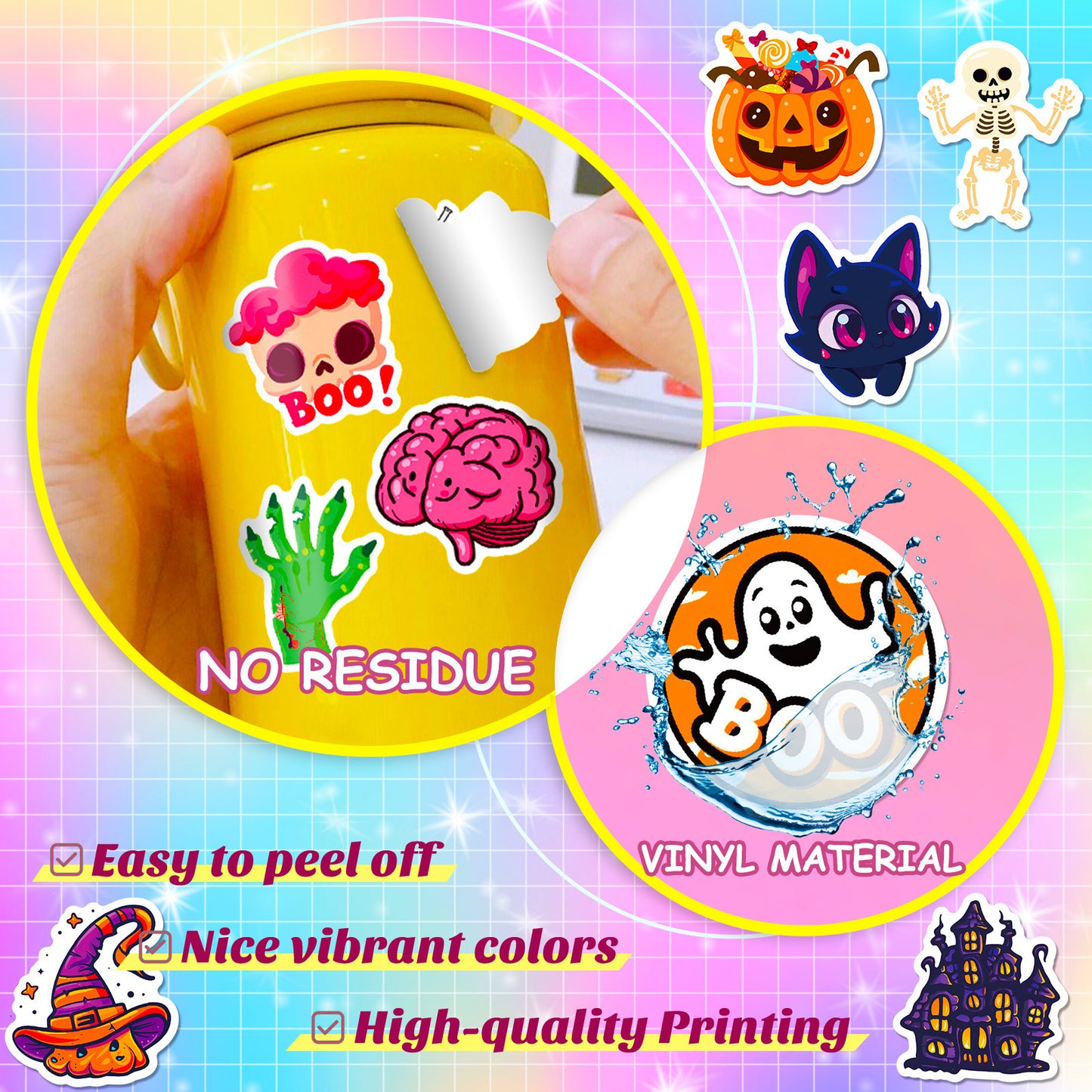 Halloween Stickers – 50Pcs Cute Ghost, Spider & Bat Cartoon DIY Stickers