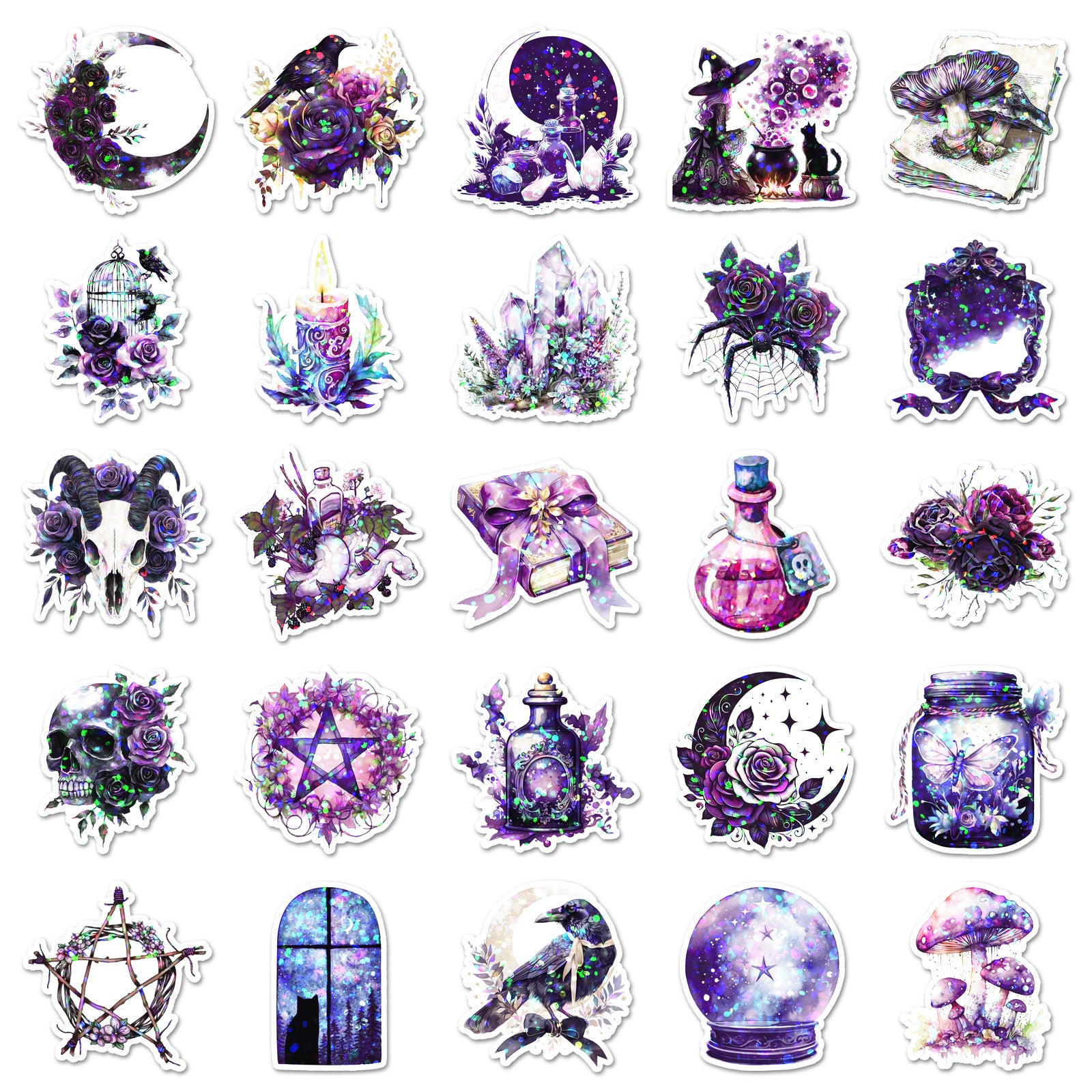 ✨ 50 pcs Holographic Stickers Halloween Witch Stickers – Magic Laser PVC Waterproof Set ✨🎃🧙‍♀️ Kawaii Stickers