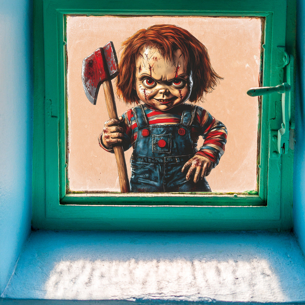 🎃 Halloween Horror Little Demon with Axe Static Window Stickers – No Glue 🕷️ Kawaii Stickers