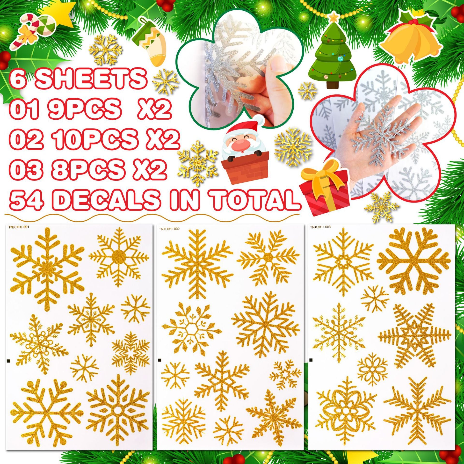 ✨ Glitter Snowflake Window Stickers – Gold & Silver Holiday Glass Decals 🎄 Golden Snowflake*6pcs Kawaii Stickers