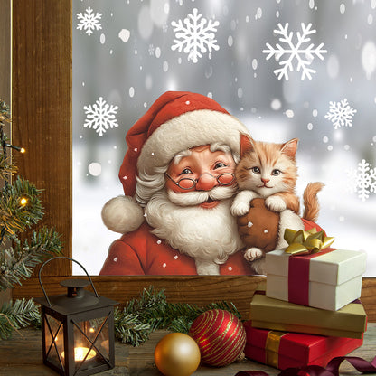 🎅 Christmas Santa Claus Snowflakes & Cat Window Stickers – Static Cling PVC ❄️🐱 Kawaii Stickers
