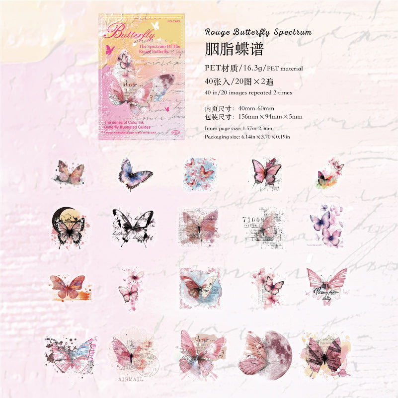 40PCS Butterfly Sticker Book – White Ink & Color Ink Botanical Collection – Scrapbook & Journal Vinyl Decals Rouge Butterfly Kawaii Stickers