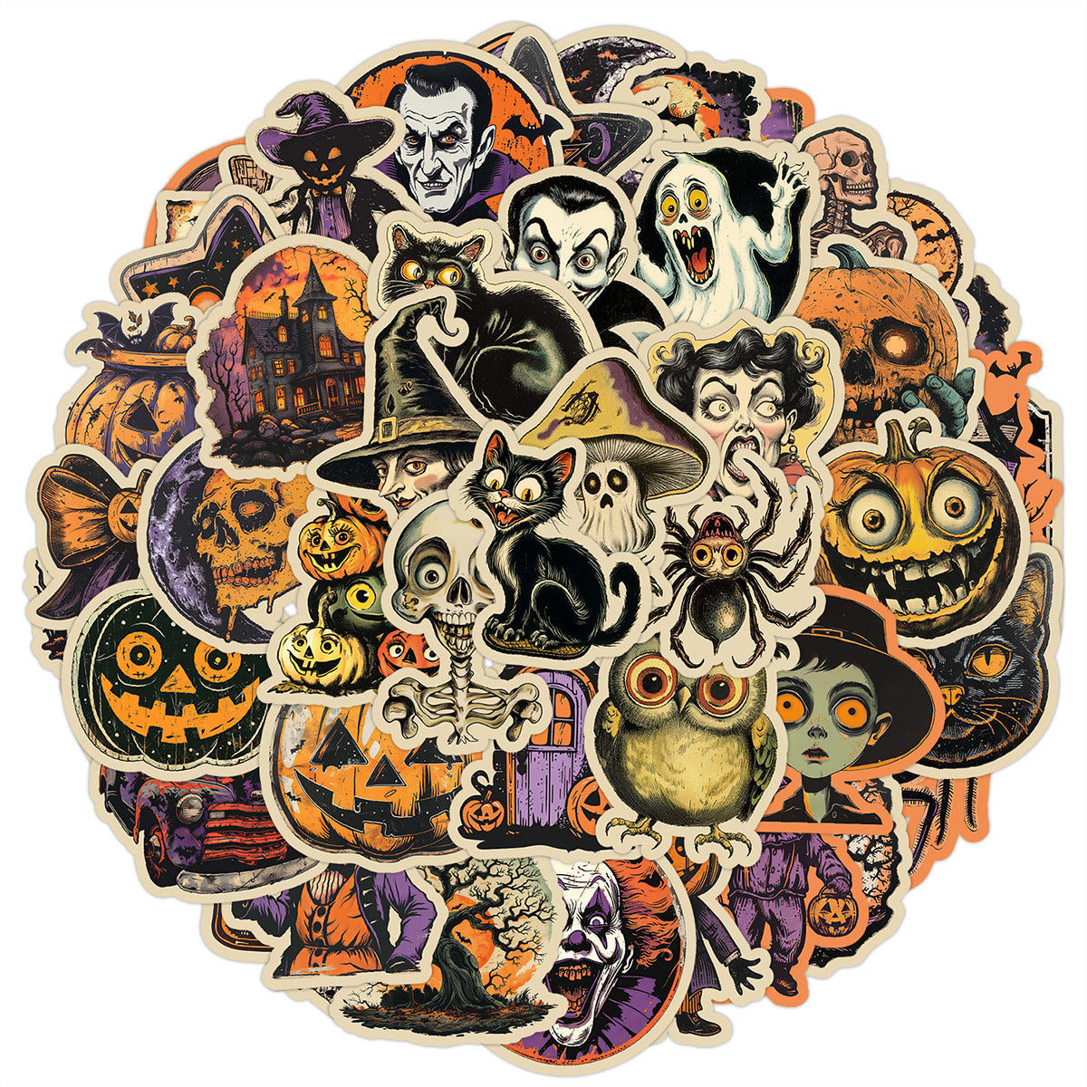 🎃 50pcs Vintage Halloween Stickers Pack – Waterproof Retro PVC Laptop & Water Bottle Decals Kawaii Stickers