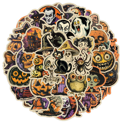 🎃 50pcs Vintage Halloween Stickers Pack – Waterproof Retro PVC Laptop & Water Bottle Decals Kawaii Stickers
