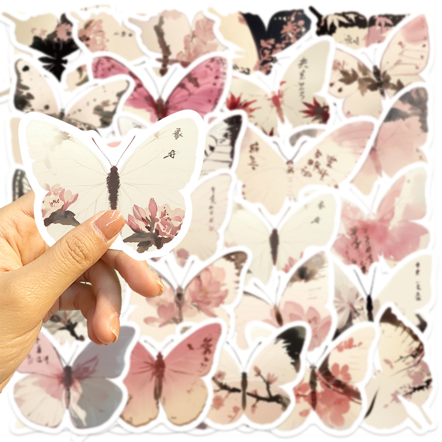 🦋🎨50pcs Ink-Style Butterfly Stickers Book | Waterproof PET Oriental Art Stickers for Journals, Notebooks, Water Cups ☕ & DIY Crafts Kawaii Stickers