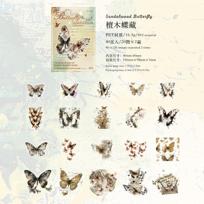40PCS Butterfly Sticker Book – White Ink & Color Ink Botanical Collection – Scrapbook & Journal Vinyl Decals Sandalwood Butterfly Kawaii Stickers