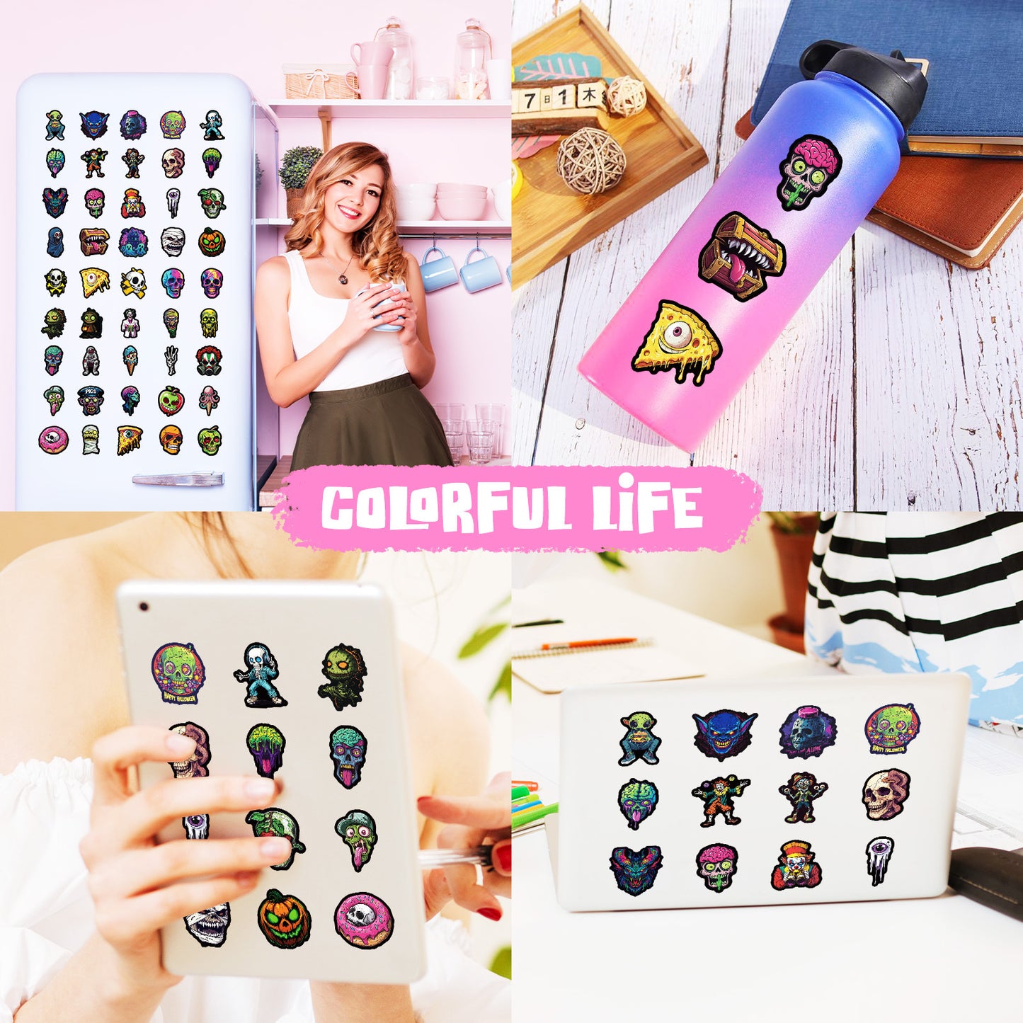 50pcs Colorful Skull Stickers – Halloween Festival Decoration Vinyl Decals Kawaii Stickers