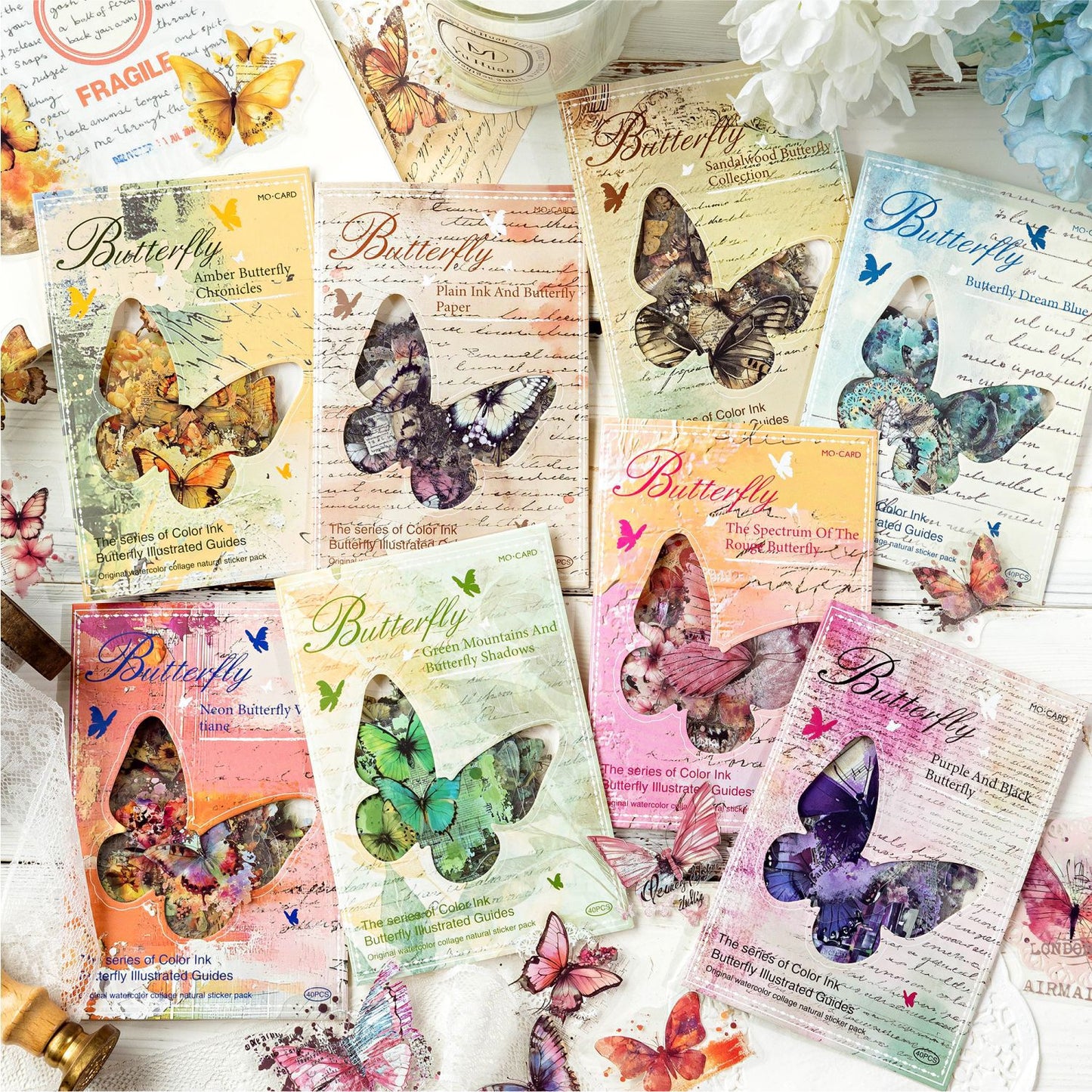 40PCS Butterfly Sticker Book – White Ink & Color Ink Botanical Collection – Scrapbook & Journal Vinyl Decals Kawaii Stickers
