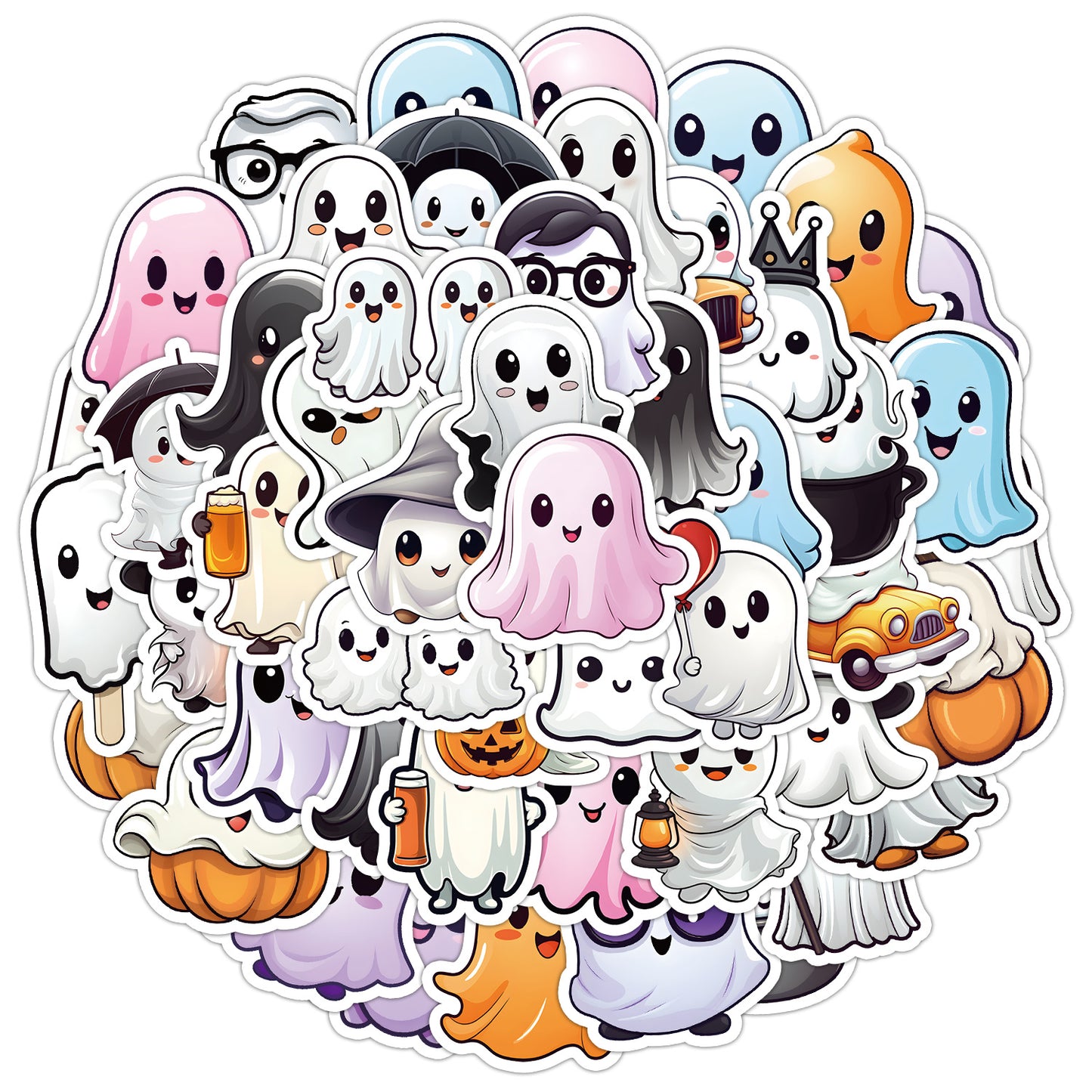 🎃 50pcs Cute Halloween Stickers – Ghost & Pumpkin Waterproof Vinyl Decals for Laptop, Skateboard, Water Bottle Kawaii Stickers