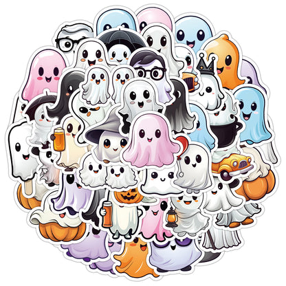 🎃 50pcs Cute Halloween Stickers – Ghost & Pumpkin Waterproof Vinyl Decals for Laptop, Skateboard, Water Bottle Kawaii Stickers