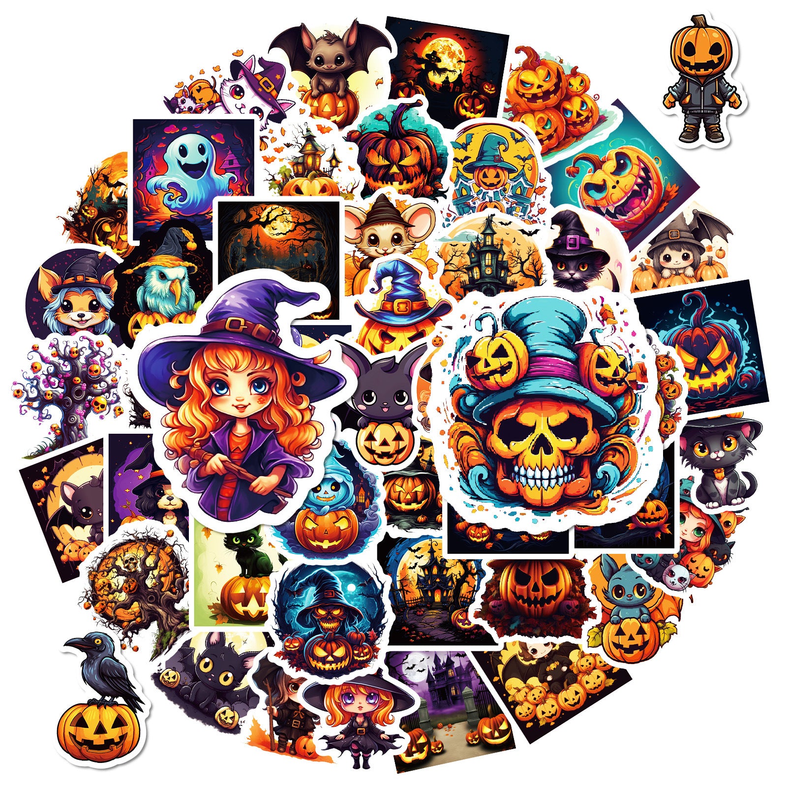 50pcs Halloween Pumpkin & Witch Stickers – Spooky Skull, Black Cat & Horror Doodle Decals Kawaii Stickers
