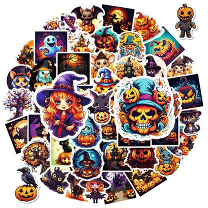 50pcs Halloween Pumpkin & Witch Stickers – Spooky Skull, Black Cat & Horror Doodle Decals Kawaii Stickers