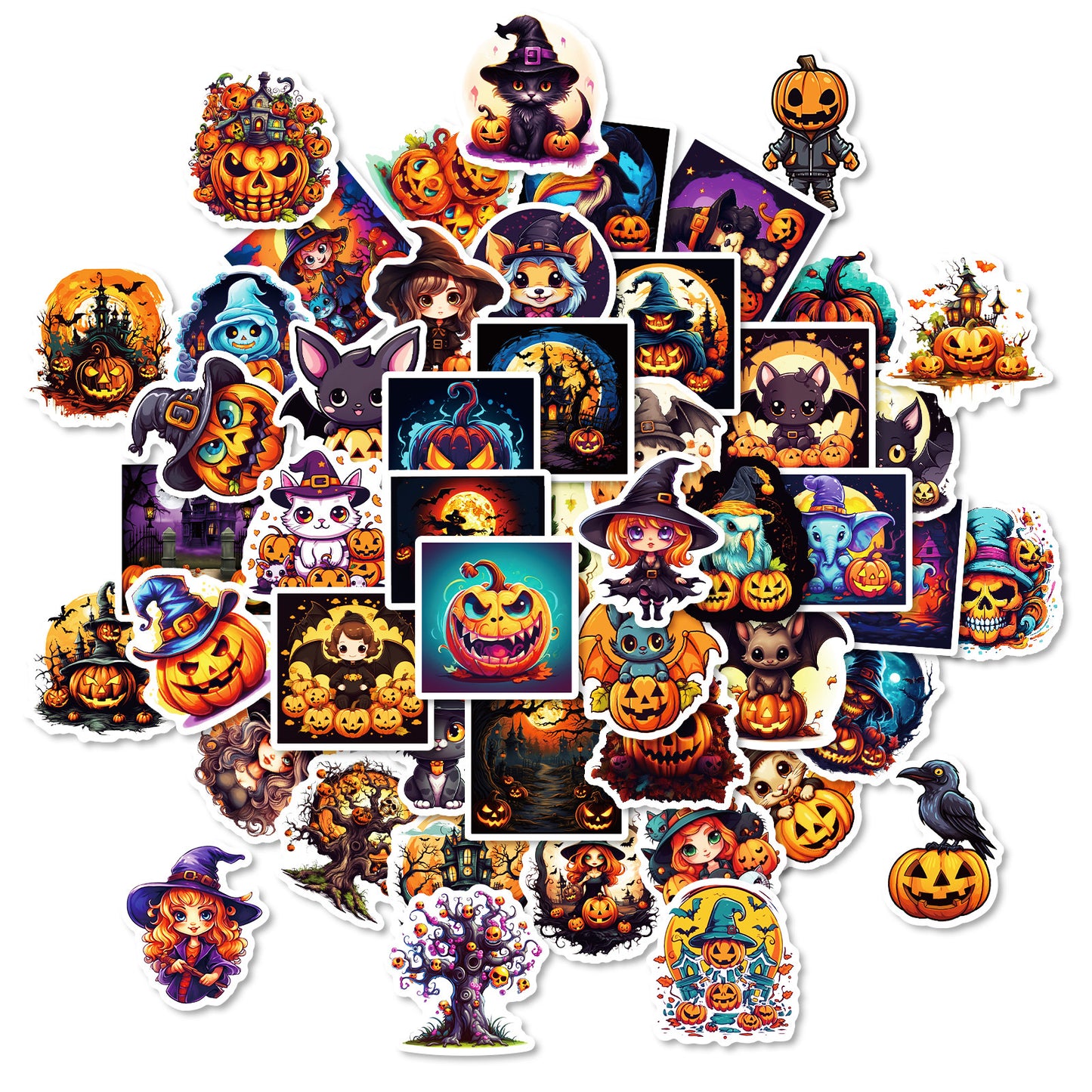 50pcs Halloween Pumpkin & Witch Stickers – Spooky Skull, Black Cat & Horror Doodle Decals Kawaii Stickers