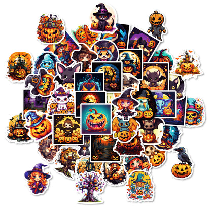 50pcs Halloween Pumpkin & Witch Stickers – Spooky Skull, Black Cat & Horror Doodle Decals Kawaii Stickers