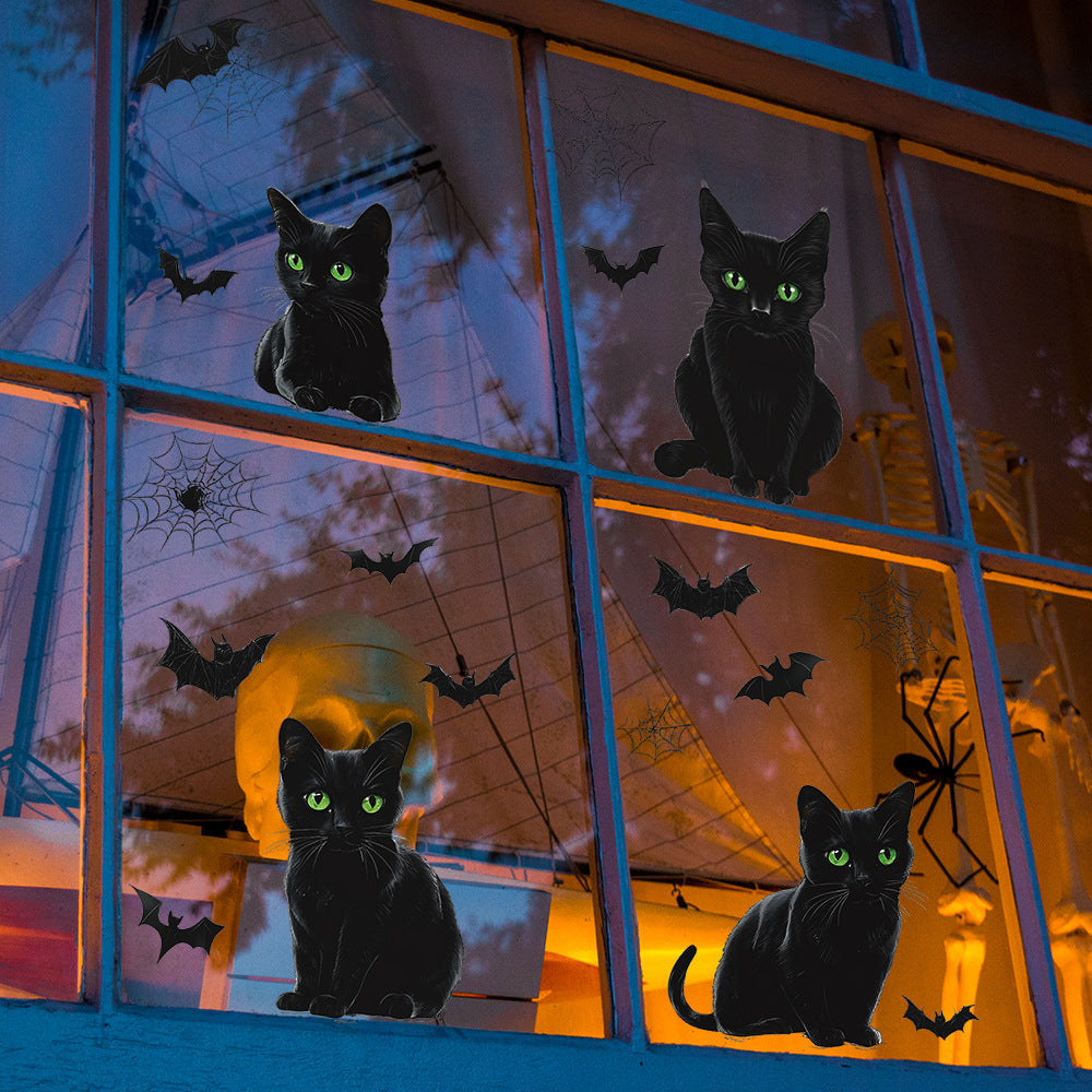 🎃 Halloween Window Stickers – Black Cats with Green Eyes & Flying Bats 👀🐱🦇 Kawaii Stickers
