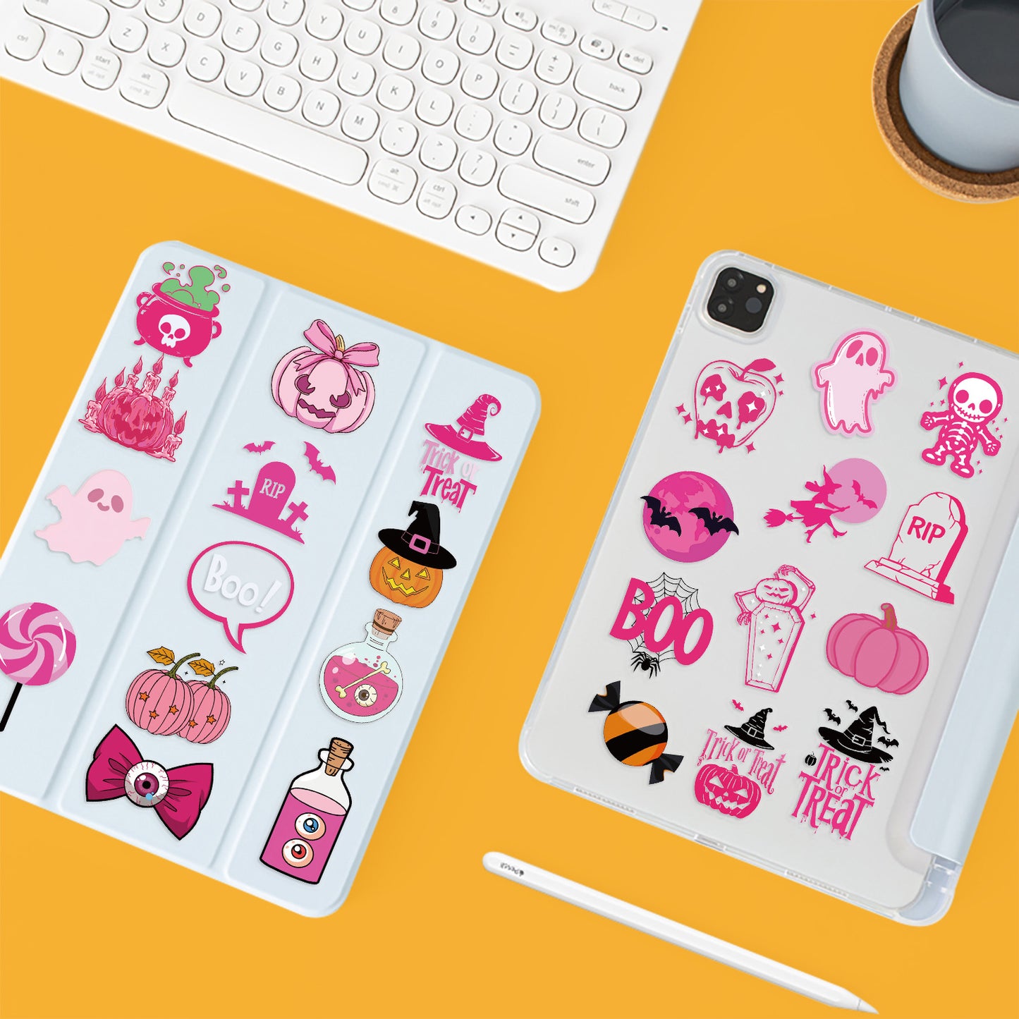 50Pcs Cute Pink Halloween Stickers Pack 🎃 Waterproof Transparent PET for Journals, Laptops & Guitars Kawaii Stickers