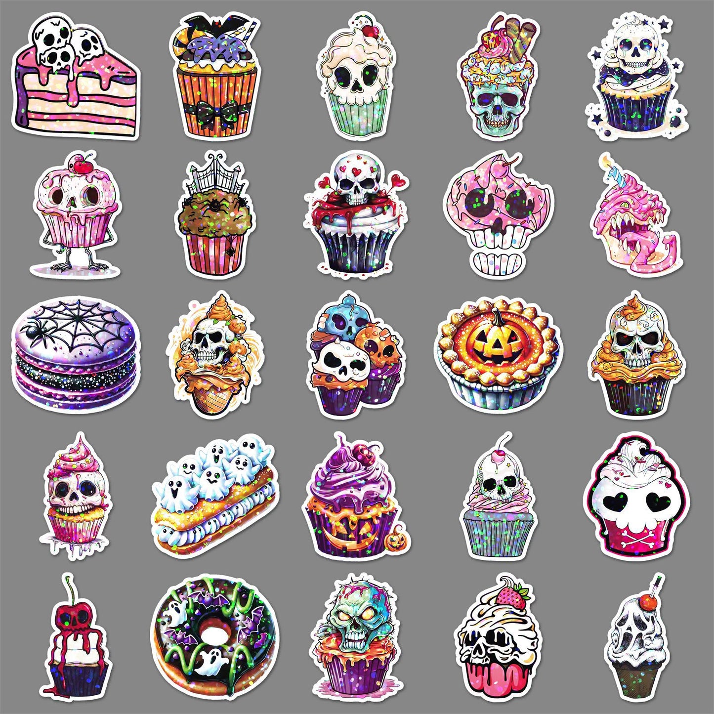 🎃 50 Pcs Halloween Holographic Stickers – Skull, Cake & DIY Designs Kawaii Stickers