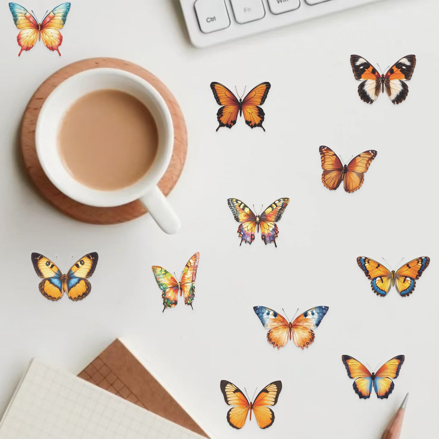 🦋🌈 50pcs Colorful Transparent Butterfly Stickers | Waterproof PET Stickers for Journals, Notebooks, Cups ☕, Guitars & DIY Crafts 🎨✨ Kawaii Stickers