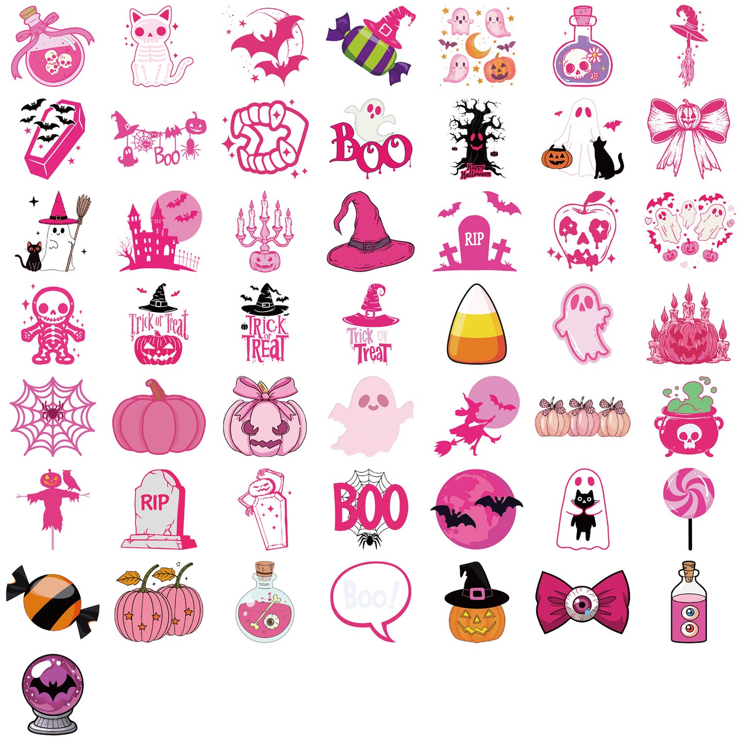 50Pcs Cute Pink Halloween Stickers Pack 🎃 Waterproof Transparent PET for Journals, Laptops & Guitars Kawaii Stickers