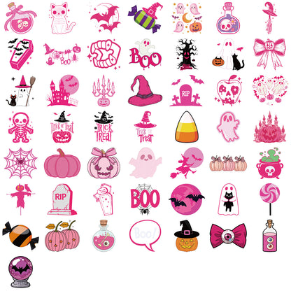 50Pcs Cute Pink Halloween Stickers Pack 🎃 Waterproof Transparent PET for Journals, Laptops & Guitars Kawaii Stickers