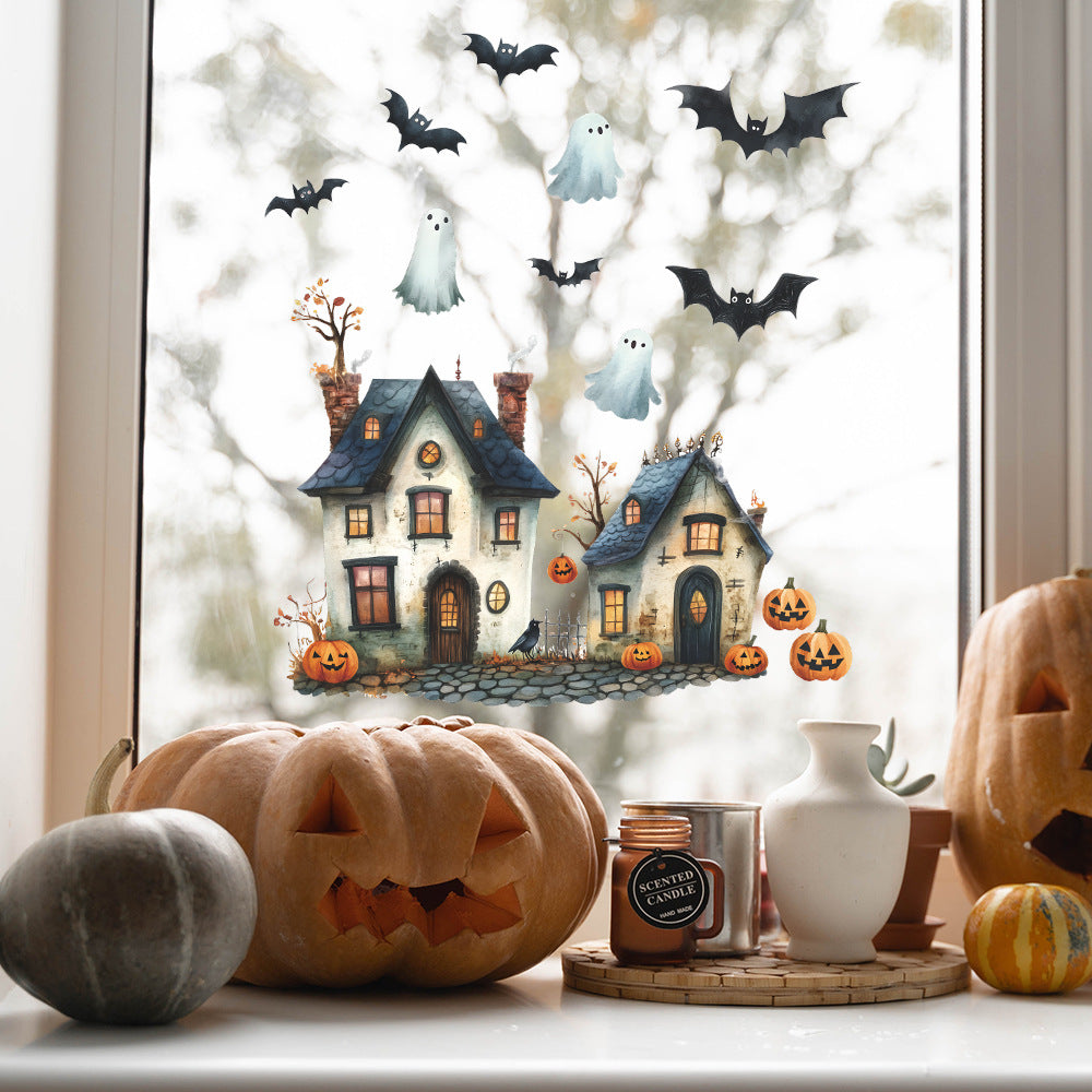 🏰🎃 Cute Halloween Castle Window Stickers – Static Cling Glass Decals with Pumpkins & Ghosts – Holiday Home Decor Kawaii Stickers