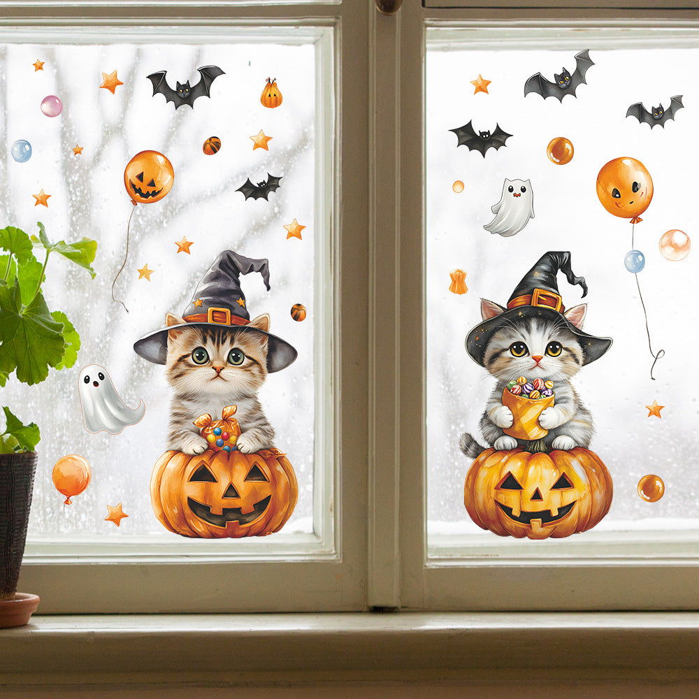 🐱🎃 Halloween Cat Window Stickers – Cute Cartoon Pumpkin & Bat Static Cling Decals – Home & Party Glass Decor Kawaii Stickers