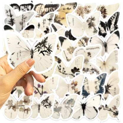🦋🎨50pcs Ink-Style Butterfly Stickers Book | Waterproof PET Oriental Art Stickers for Journals, Notebooks, Water Cups ☕ & DIY Crafts Kawaii Stickers