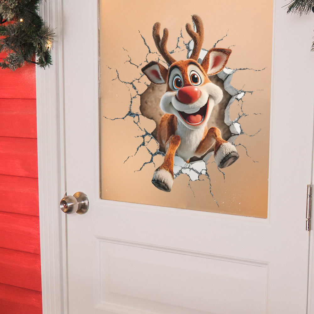 🦌 3D Break-Through Reindeer Christmas Wall Stickers – Self-Adhesive PVC Kawaii Stickers